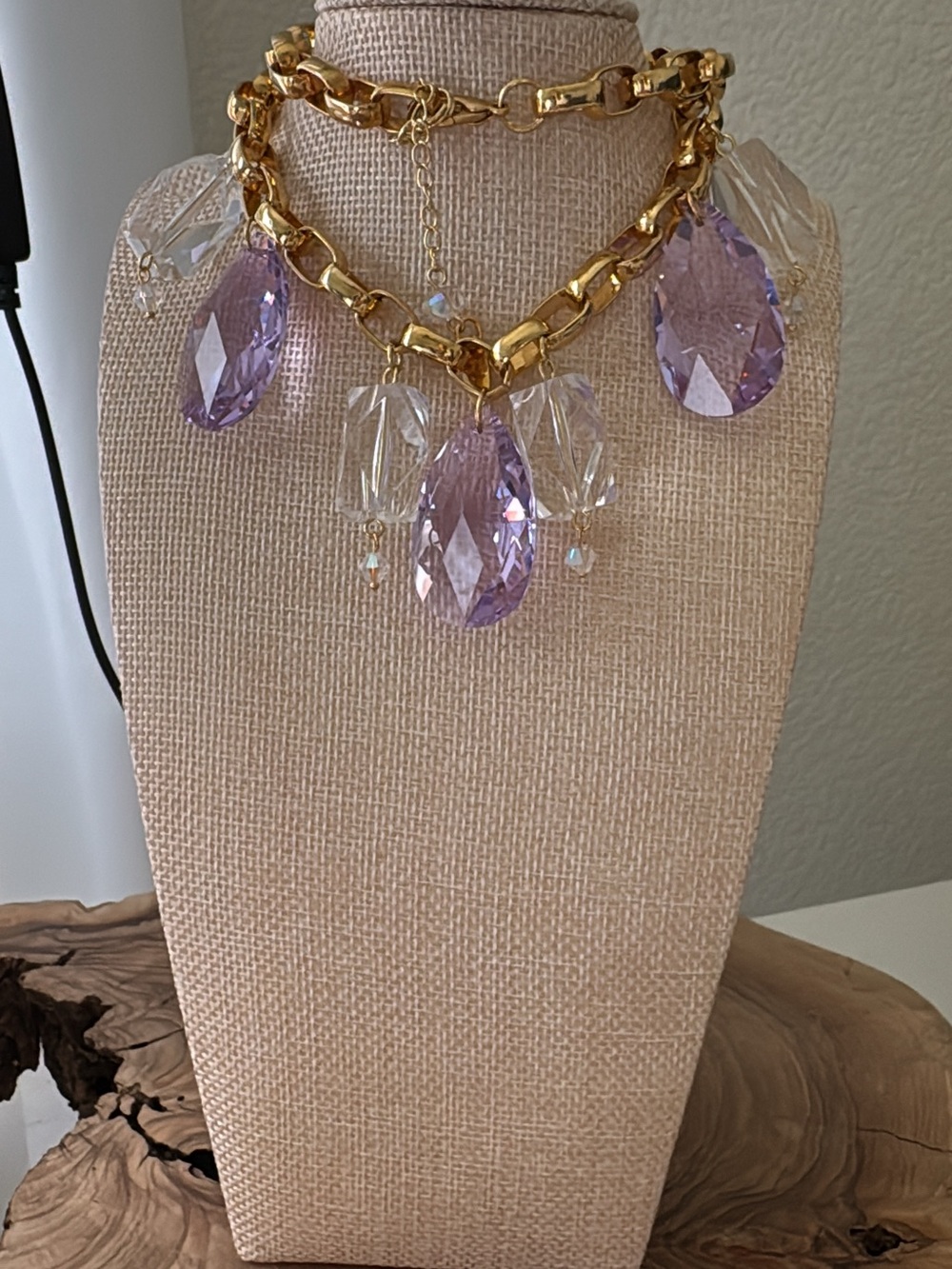 Vintage Chanel Gold Chain with signed Swarovski Lavender and Clear Crystal